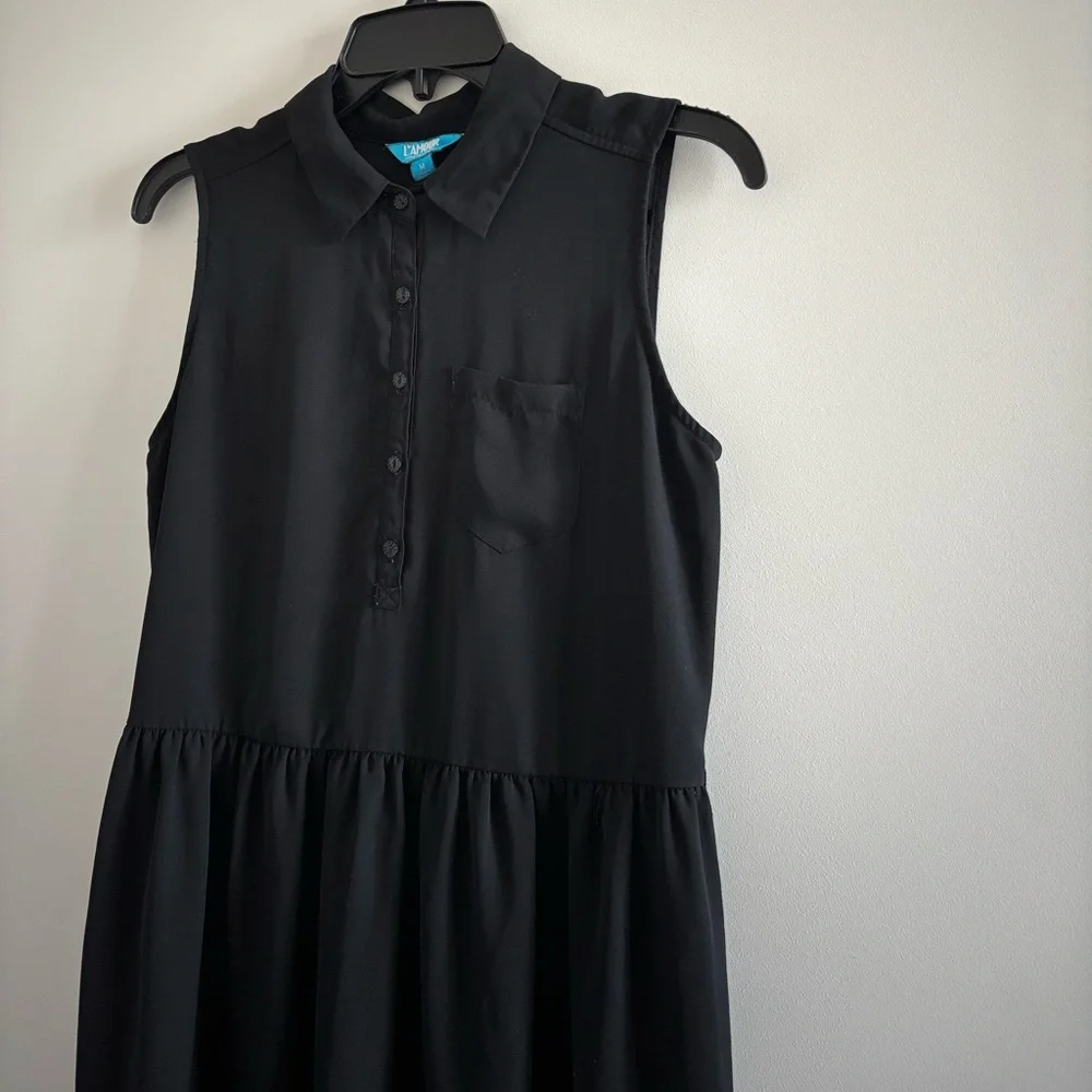 Y2K L’Amour Dress Black Collared Chiffon Button Sleeveless Womens M Whimsigoth